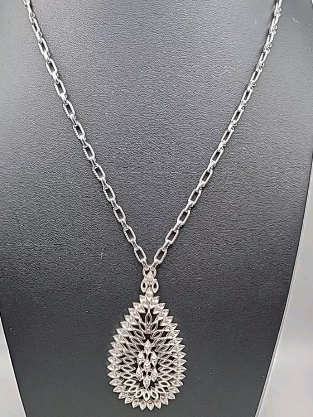 Monet Pendant Necklace Signed Open Metal Work 30" Silver Tone Chain